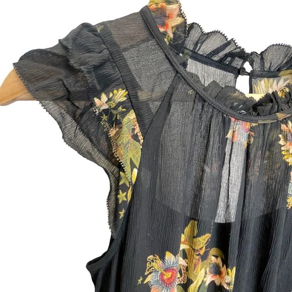 All Saints Caylan Avifauna Dress Black Floral Short Sheer Ruffle Collar Logo - Picture 7 of 14